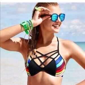 Victoria's Secret PINK Strappy Bikini Top Multicolor Striped Size L